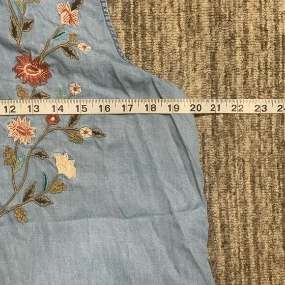 Vintage Terre Bleue Dress Small Tencell Embroidered Blue Collar Button Down Midi - Picture 3 of 6